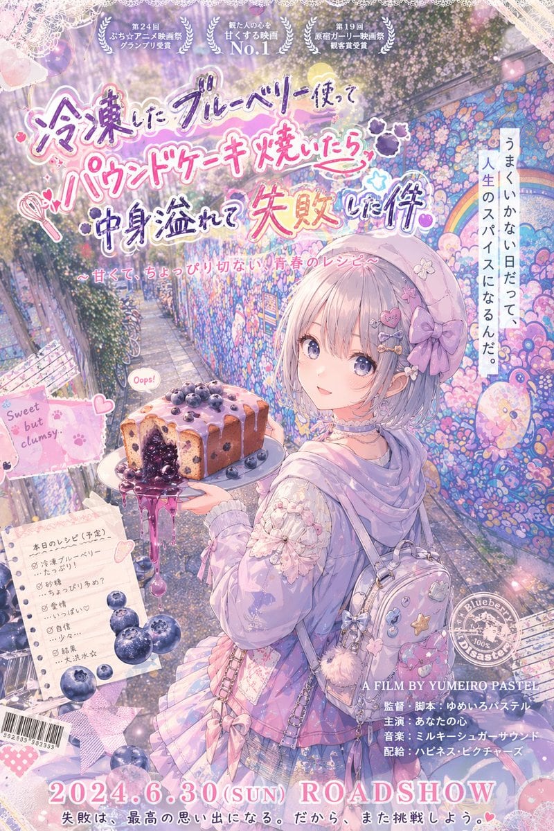 一张充满奇思妙想的日式动漫海报，描绘了一位柔和色调的女孩端着一个溢出灾难性蓝莓磅蛋糕的场景，非常适合作为恶搞电影海报艺术和可爱的电影感社交媒体视觉素材。