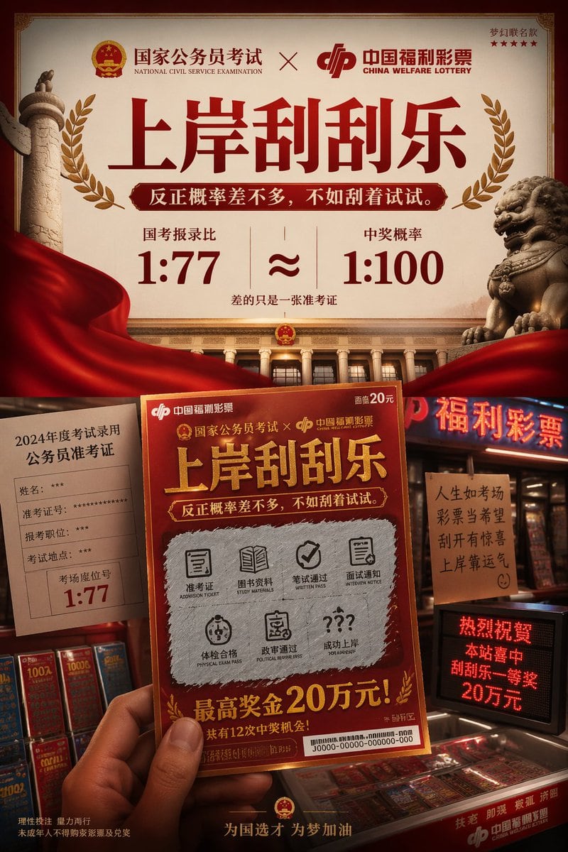 一个关于国家考试与彩票进行讽刺性品牌联名的创意提示词，融合了官方审美与街头摊贩风格。