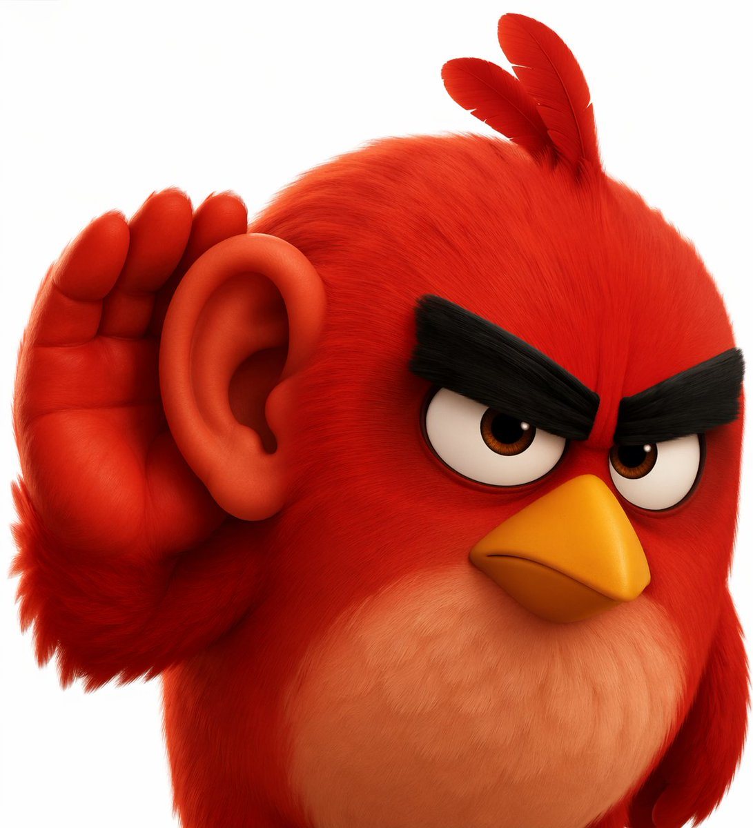 A high-quality 3D CGI render of a round, fluffy red bird character resembling Red from Angry Birds with thick black angry eyebrows, large eyes, a yellow beak, and a lighter belly. The cha...