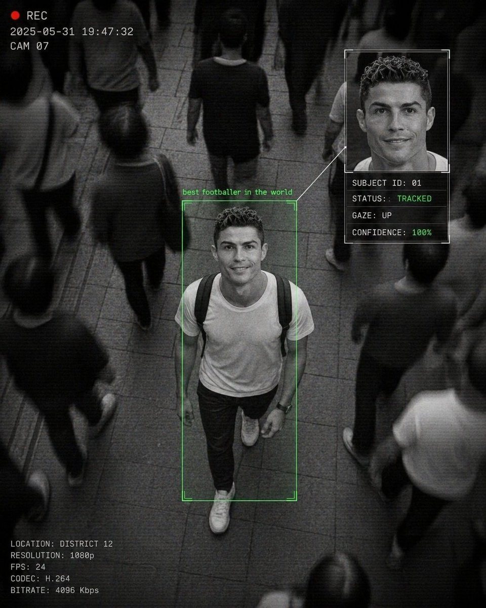 A CCTV-style surveillance footage of a crowded street scene from a high angle, a young man in the center walking forward while looking up at the camera with a warm friendly smile, surroun...
