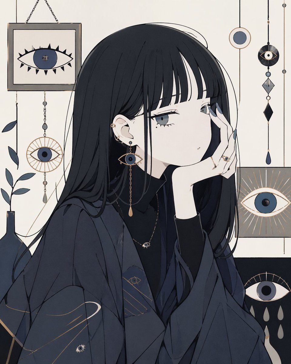 A clean, minimalist anime illustration of a melancholic young woman in three-quarter profile, seated and resting her cheek against one hand. She has long straight blue-black hair with blu...