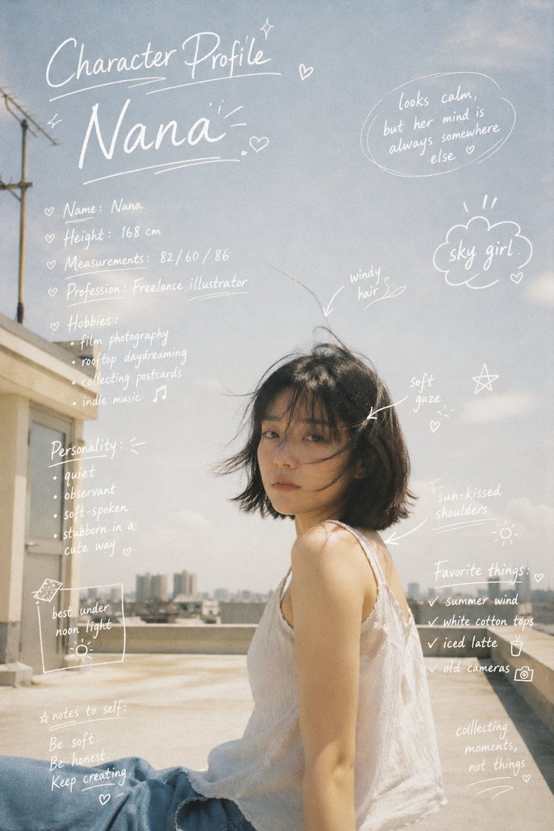 Generate a character profile journal for this portrait in a white handwritten annotation style, introducing her name, height, measurements, hobbies, profession, and more. You can also add...