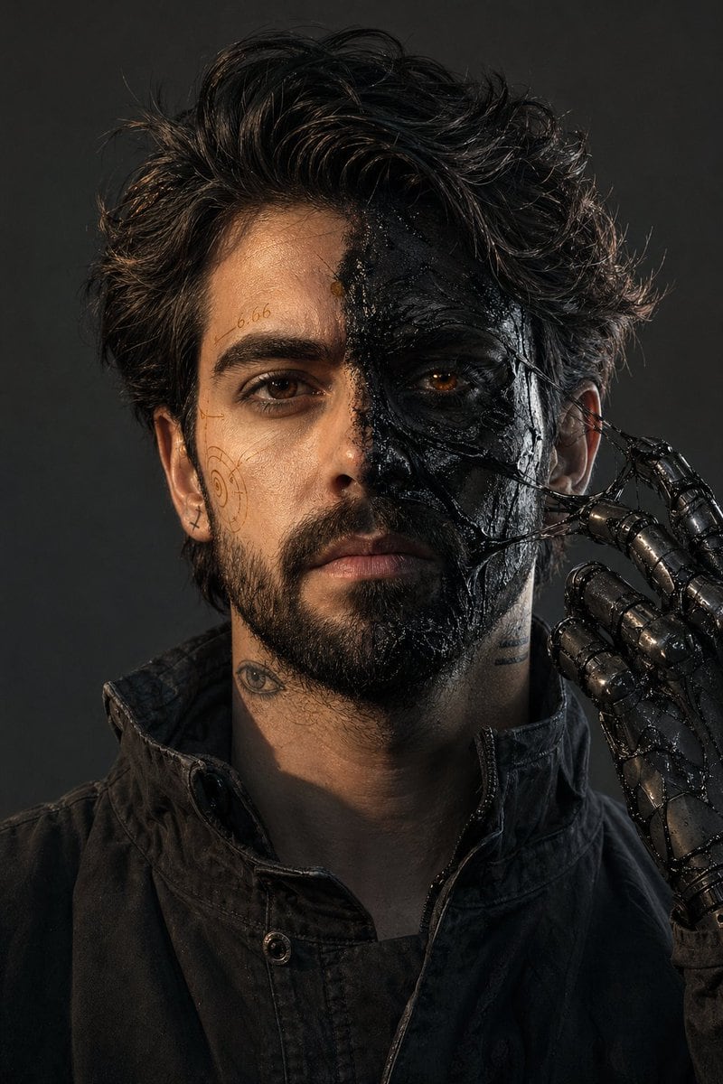 Ultra-photorealistic 8K RAW, 35mm, f/8, deep focus, no blur, no DOF, no noise, no grain, no haze, no dust, no volumetric light, no soft light, no glow. IMAX stage, 2:3 aspect ratio. Male...