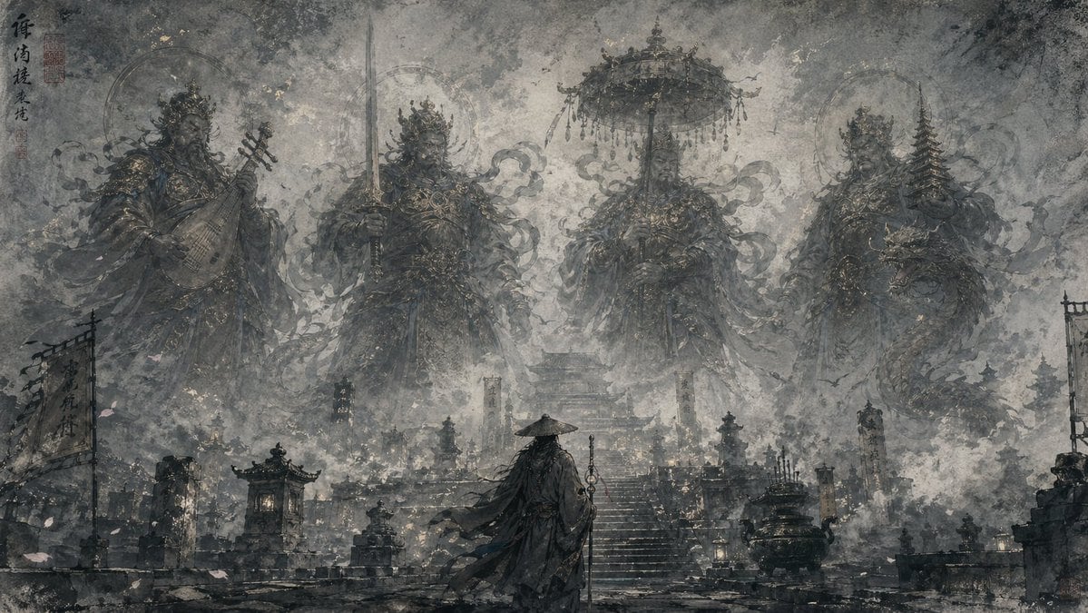 一个用于生成空灵神秘的东方水墨风格插画的提示词，包含半透明剪影、朦胧氛围及电影级景深感。