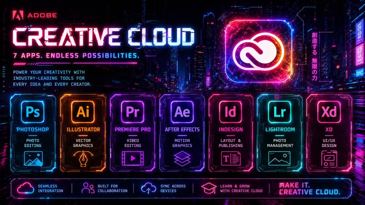 Create a high-energy futuristic cyberpunk advertising poster for Adobe Creative Cloud, in a wide 16:9 format, set against a dense neon-lit nighttime megacity with glowing skyscrapers, hol...