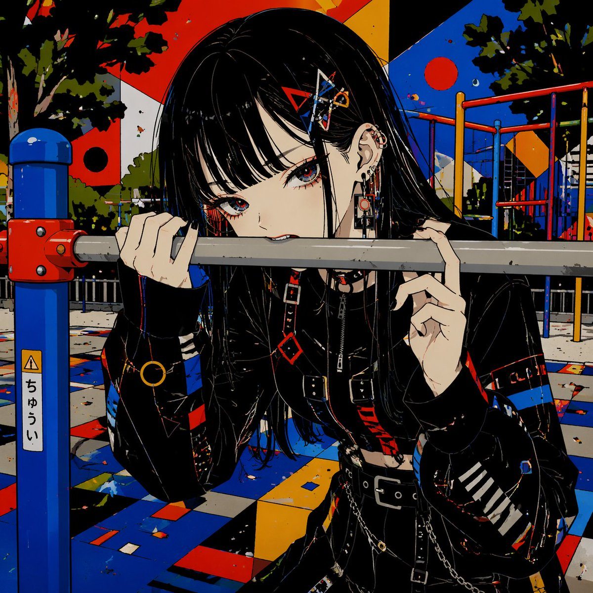 A highly detailed anime-style illustration of a pale goth girl in a colorful urban playground, shown in a close medium shot as she leans forward and bites a horizontal metal bar with a mi...