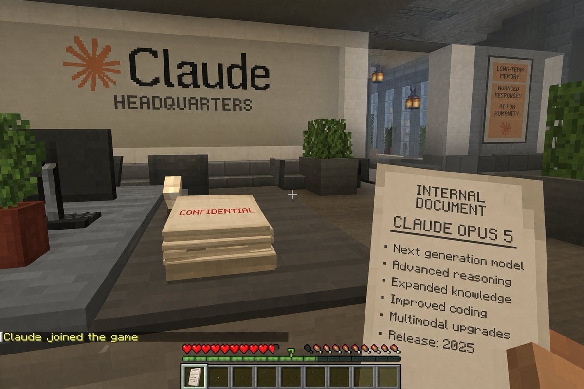 A first-person voxel game screenshot. The player's blocky right hand holds a paper reading 'INTERNAL DOCUMENT', 'CLAUDE OPUS 5', and a 6-item bulleted list ending with 'Release: 2025'. A...