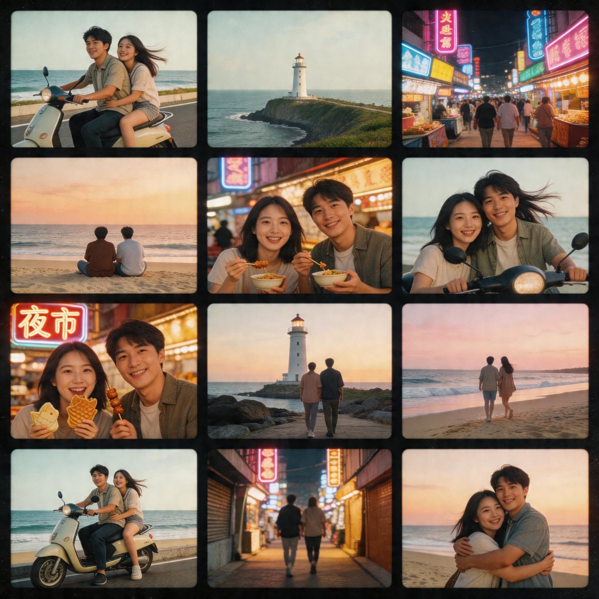 A prompt for generating a 12-photo collage with a nostalgic, faded film aesthetic capturing a couple's travels in Tokyo.