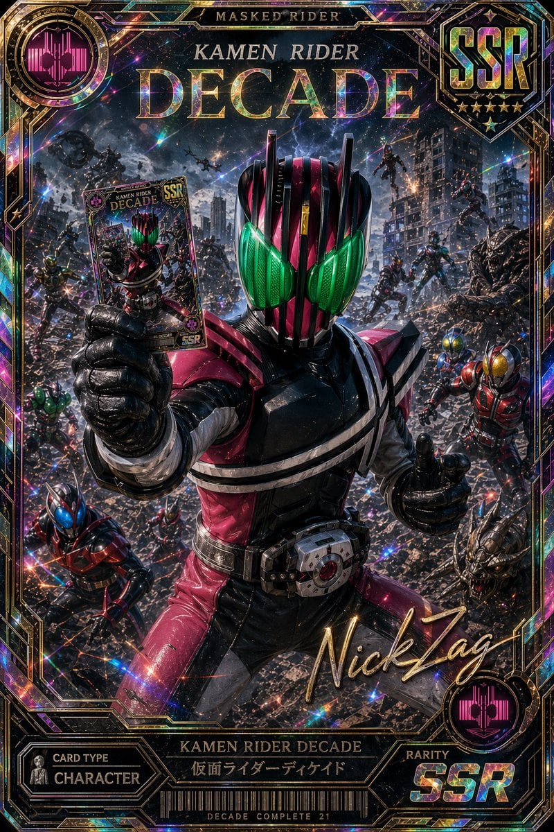 A hyper-detailed premium collectible trading card illustration of Kamen Rider Decade in the center foreground, posed in a ruined futuristic city battlefield under a dramatic cosmic night...