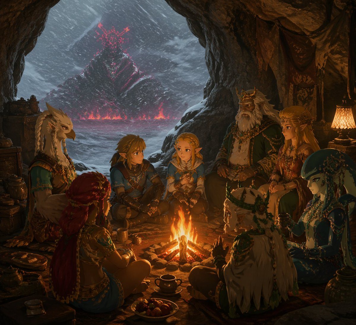 A cinematic fantasy scene inside a rocky cave during a blizzard, viewed from slightly above campfire level, with 8 characters seated in a circle around a small fire. Outside the cave mout...