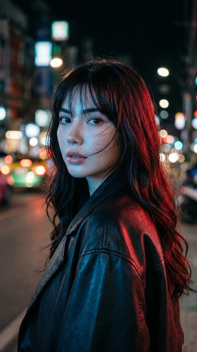 A cinematic night portrait prompt featuring neon lighting and Tokyo cyberpunk aesthetics.