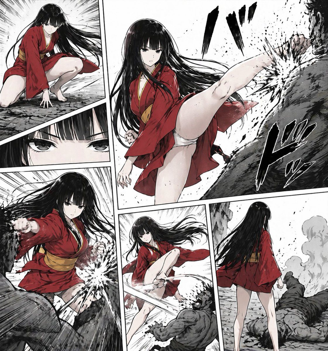 A gritty black-and-white manga action page with selective red color on the heroine’s clothing, arranged as 6 comic panels with dynamic diagonal borders on a white page. The central and la...
