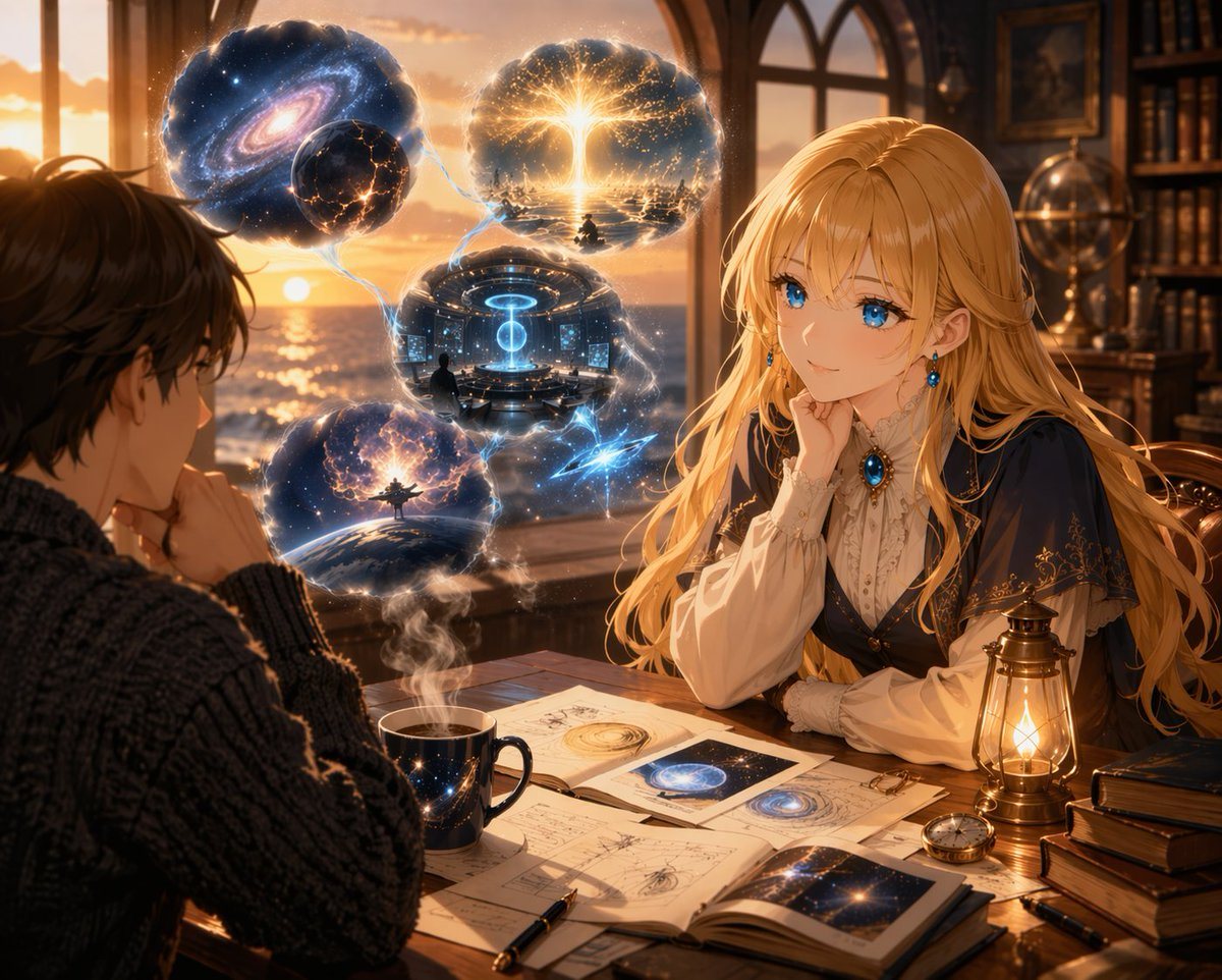 An anime illustration of two characters at a desk in a cozy study overlooking the ocean at sunset. In the foreground, a young man in a dark knit sweater sits with his back to the viewer....