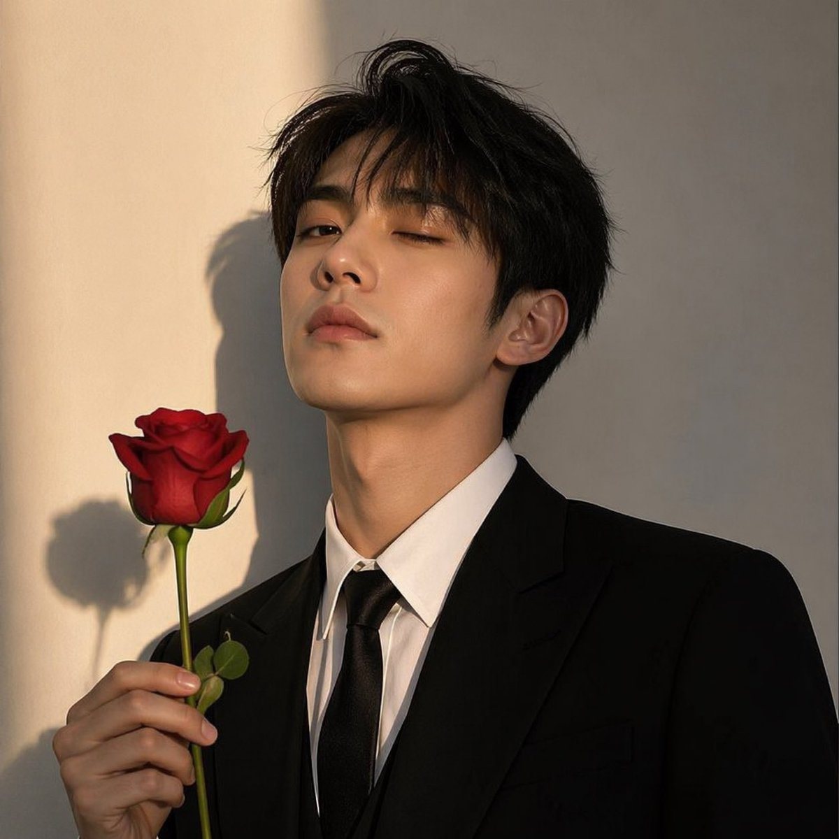 A moody minimalist portrait of a young man in a formal black suit, white dress shirt, and black tie, standing against a plain light beige wall in warm late-afternoon sunlight. He is shown...