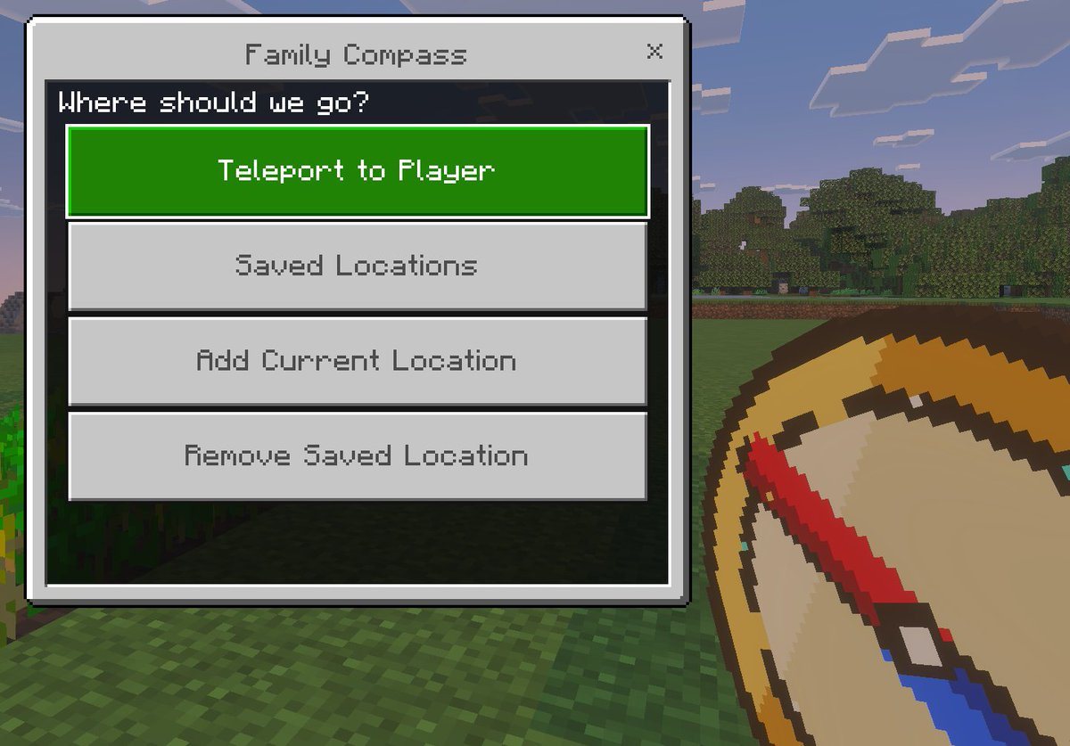 A clean in-game screenshot mockup in the visual style of Minecraft Bedrock Edition, showing a custom teleport menu overlay titled Family Compass. The background is a bright outdoor Minecr...