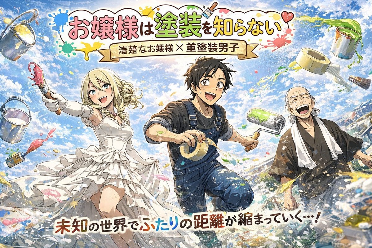 Generates a vibrant anime-style promotional illustration featuring characters painting, complete with stylized Japanese title logos and taglines.