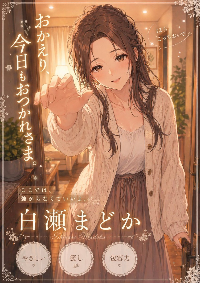 A warm, healing anime illustration of a gentle older-sister type woman welcoming the viewer home at the apartment doorway at night, drawn in a soft romantic shoujo style with glowing ambe...