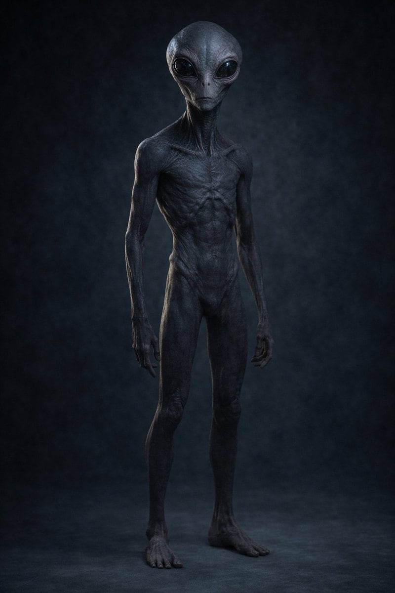 A hyper-realistic full-body studio portrait of a disturbing humanoid alien standing alone against a dark, smoky blue-black backdrop. The creature is extremely tall and emaciated, with elo...
