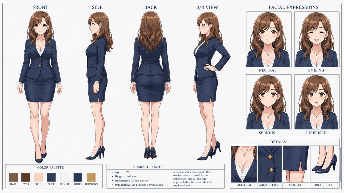 Ready-to-edit anime character reference sheet image prompt.