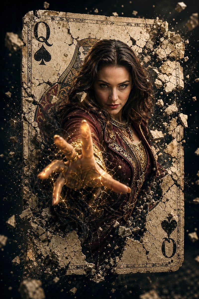 A cinematic movie poster prompt featuring a female sorcerer bursting through a playing card, utilizing reference photo likeness.