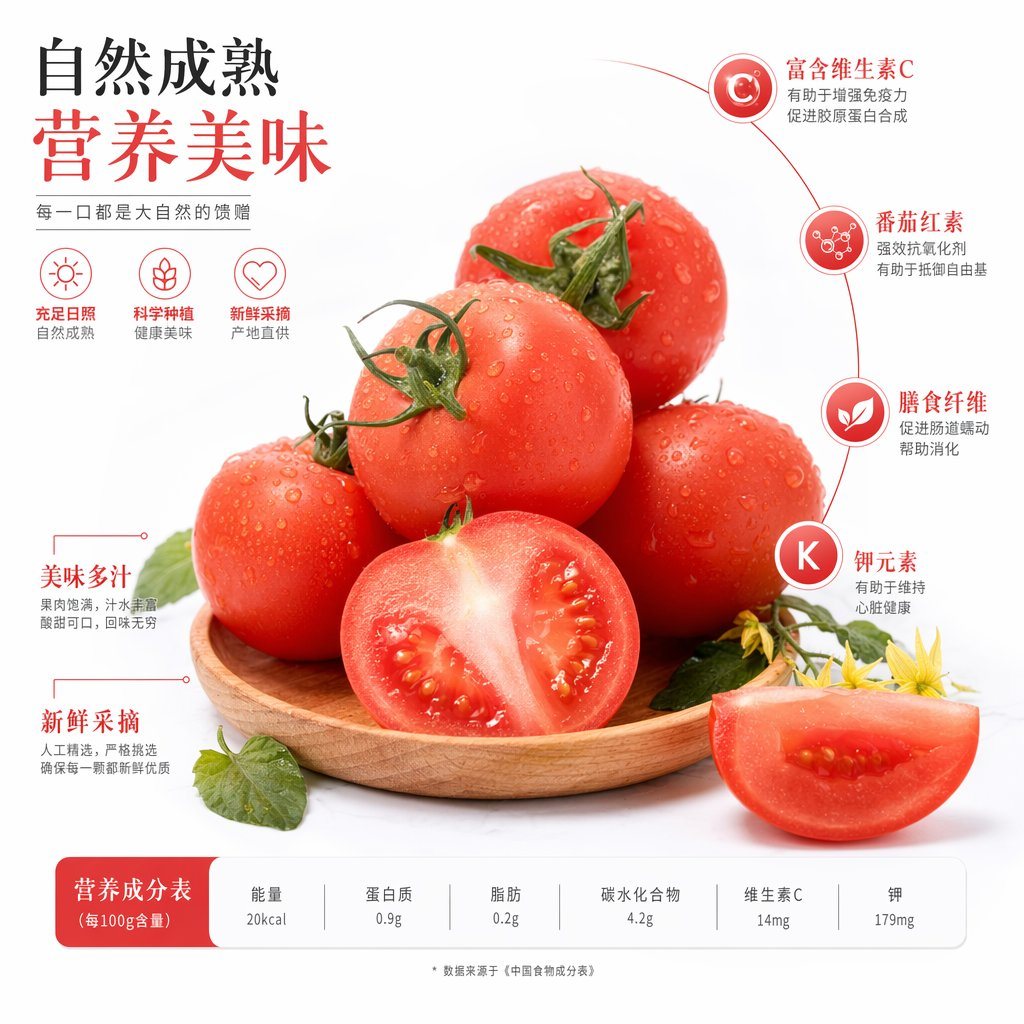 一张精致的中式农产品广告海报，展示了带有营养标注和底部营养成分表的鲜番茄，非常适合超市、包装或食品营销视觉设计。