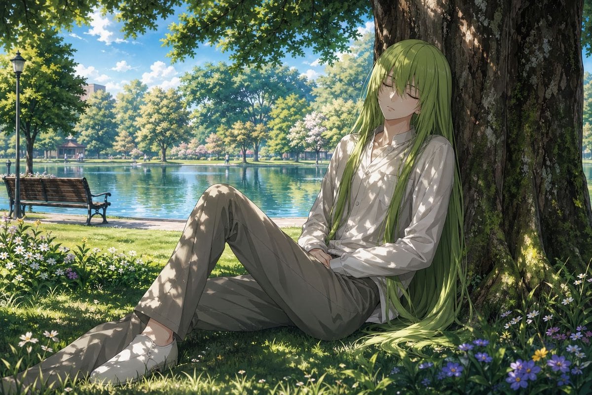 A serene anime-style illustration of Enkidu reimagined as an androgynous feminine-presenting young adult with extremely long straight light green hair, seated on the grass and leaning aga...