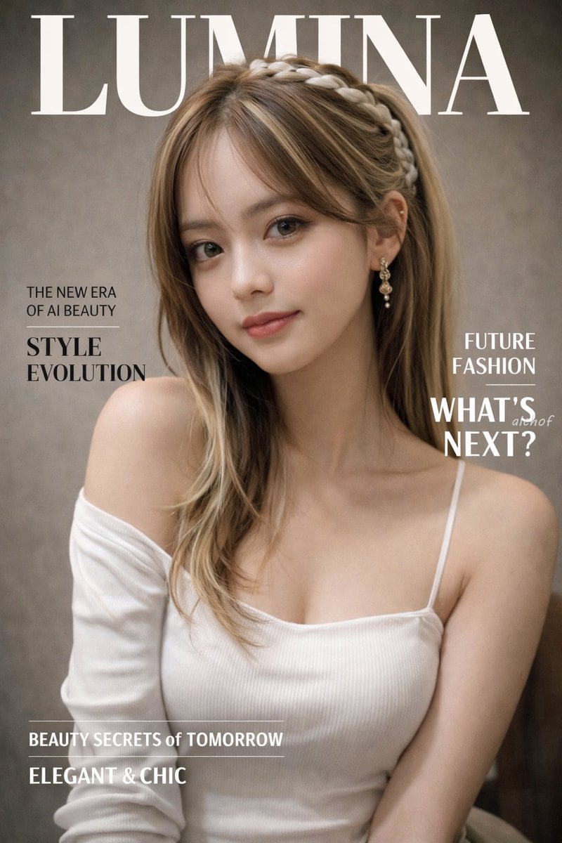 A photorealistic fashion magazine cover featuring a portrait of a beautiful young Asian woman. She has light brown hair with blonde highlights and a braided crown, soft elegant makeup, an...