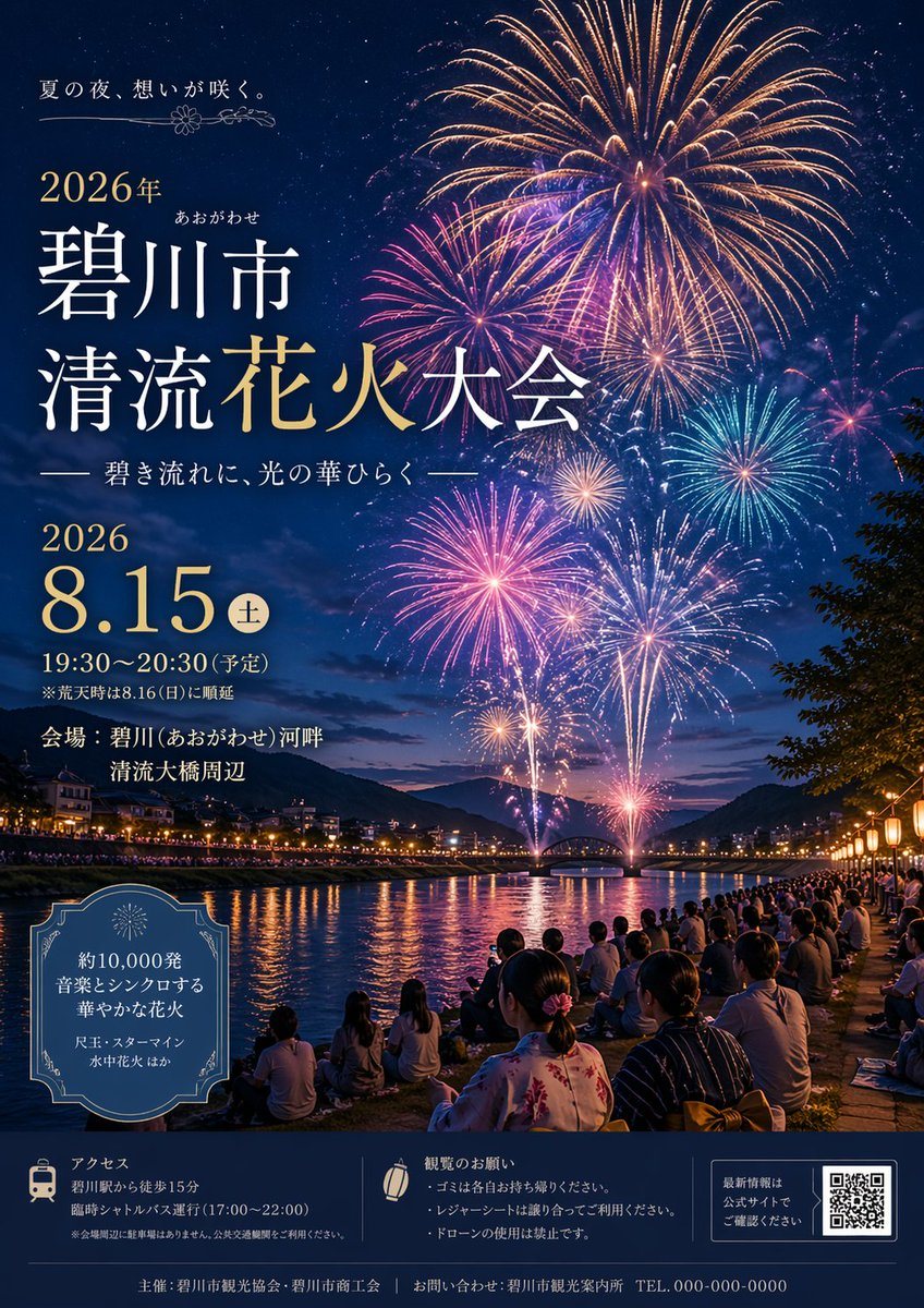 Generates a realistic Japanese summer fireworks festival poster with customizable text, dates, and event details.