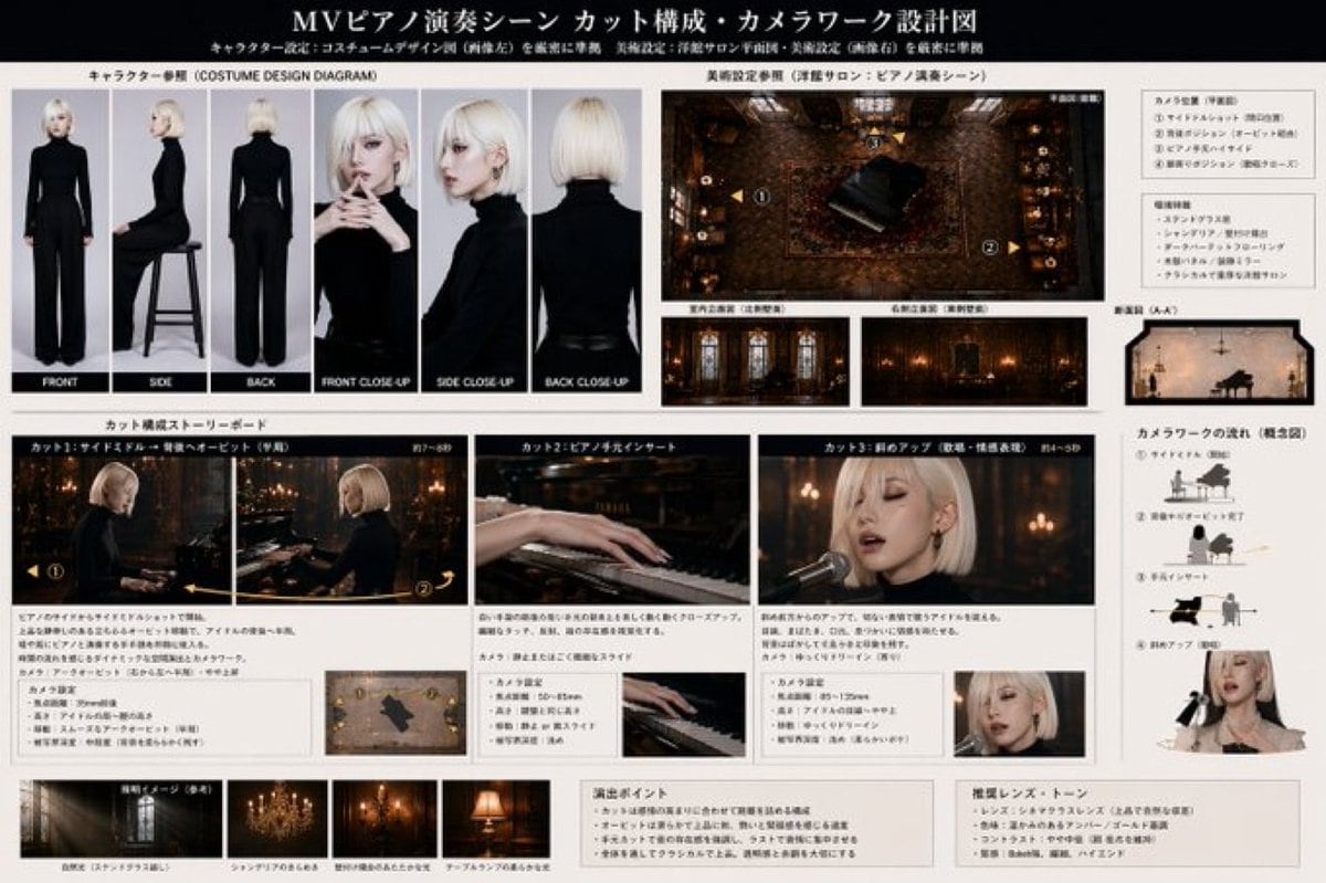 Ready-to-edit music video pre-visualization blueprint image prompt.