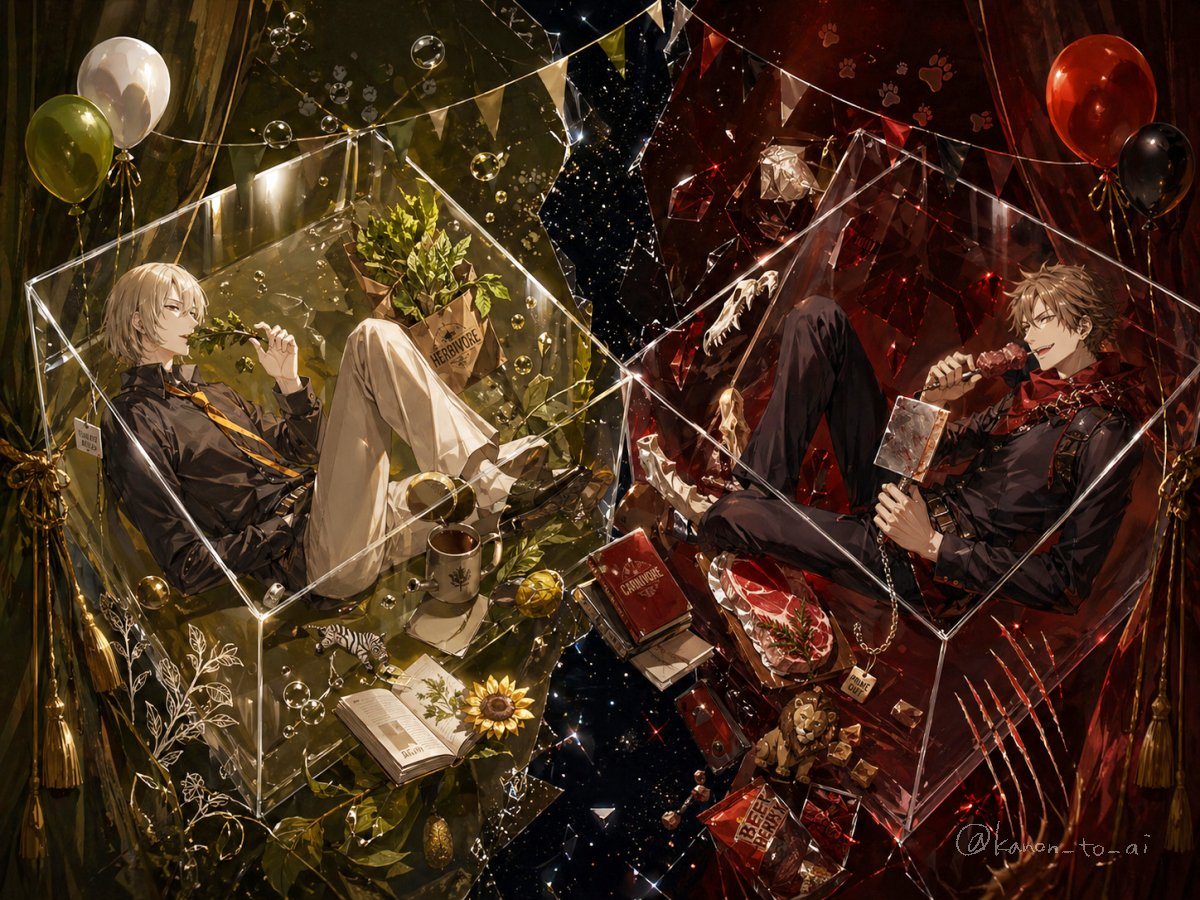 This prompt generates a richly detailed anime illustration of two contrasting young men posed in transparent display boxes, ideal for dramatic character art or nostalgic decorative fantasy key visuals.