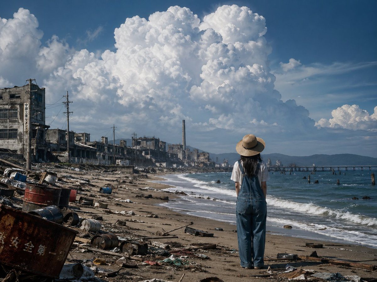 A cinematic photorealistic wide shot of a lonely beach beside a decaying industrial coastal town under an enormous summer sky. In the foreground, one young woman is seen from behind, stan...