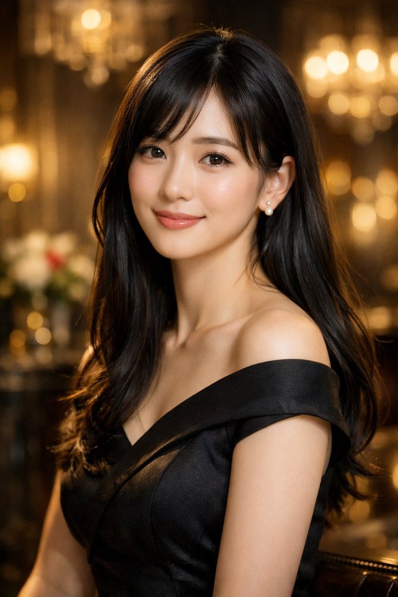 A photorealistic portrait of a beautiful young Asian woman with long dark wavy hair with side-swept bangs. She wears an elegant black off-the-shoulder satin dress and pearl stud earrings,...