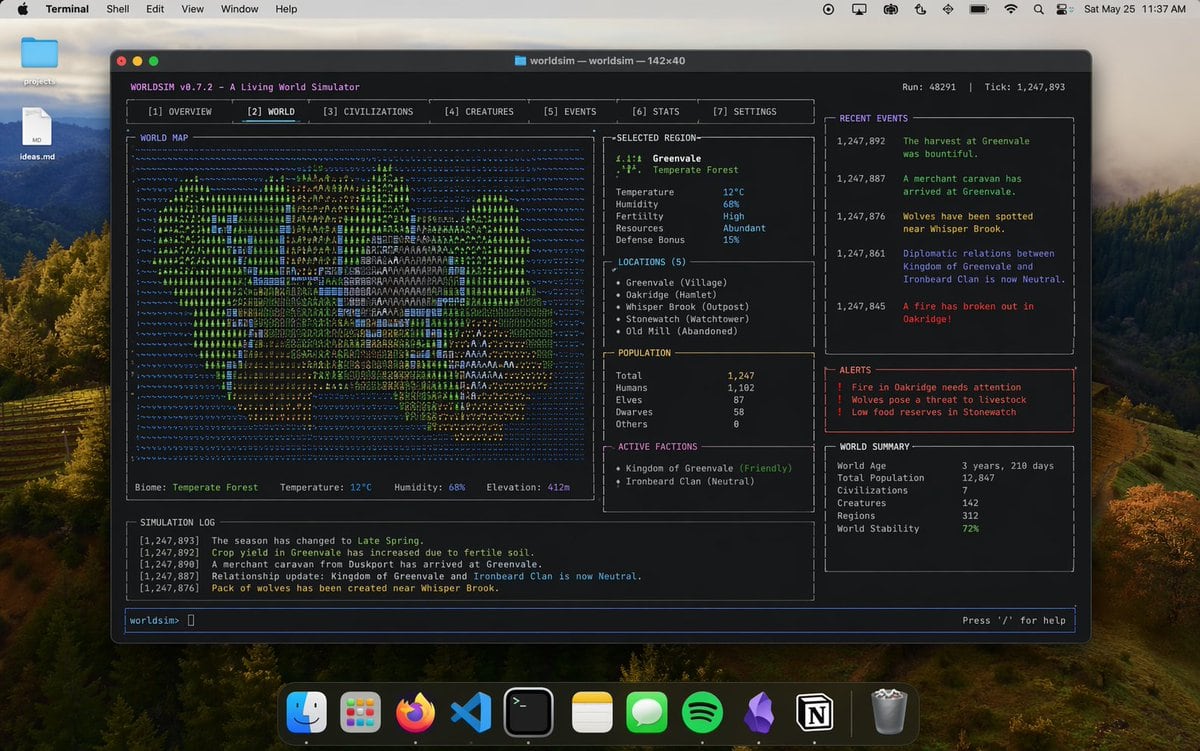 生成一张逼真的 Mac 桌面截图,展示一个带有复杂 TUI 布局、专注于世界模拟的大型终端窗口。