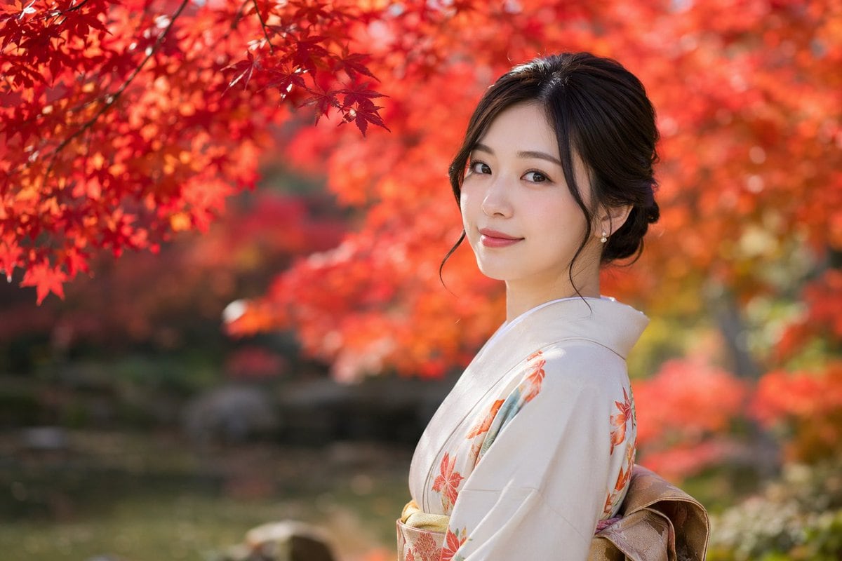 生成一张极具真实感的人像照片，背景为色彩鲜艳、带有丰富虚化效果的秋景，主角身着和服。