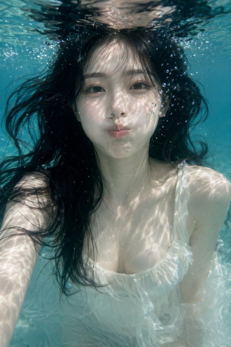 生成一张高度逼真的水下肖像，包含漂浮的头发、气泡和动态的焦散光效。