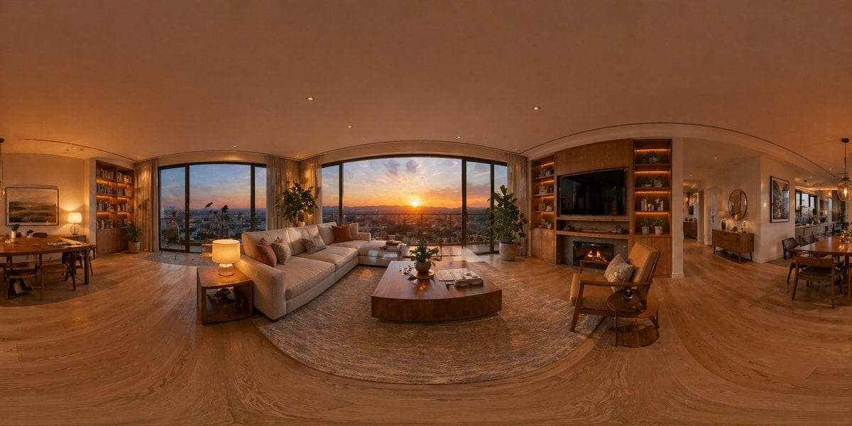 360 equirectangular image of a cozy mountain cabin in winter, photorealistic