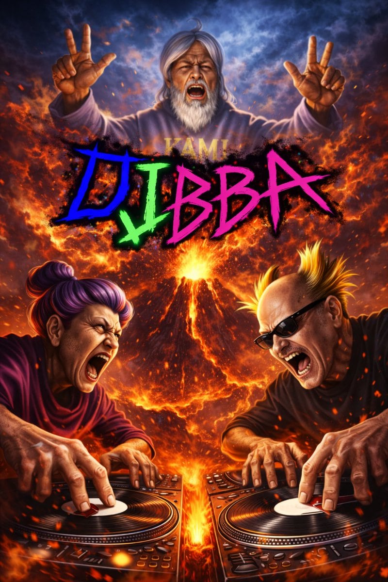 A hyper-realistic, intense, over-the-top illustration of three elderly people in a fiery, apocalyptic setting. In the foreground, two elderly DJs are intensely scratching on detailed turn...