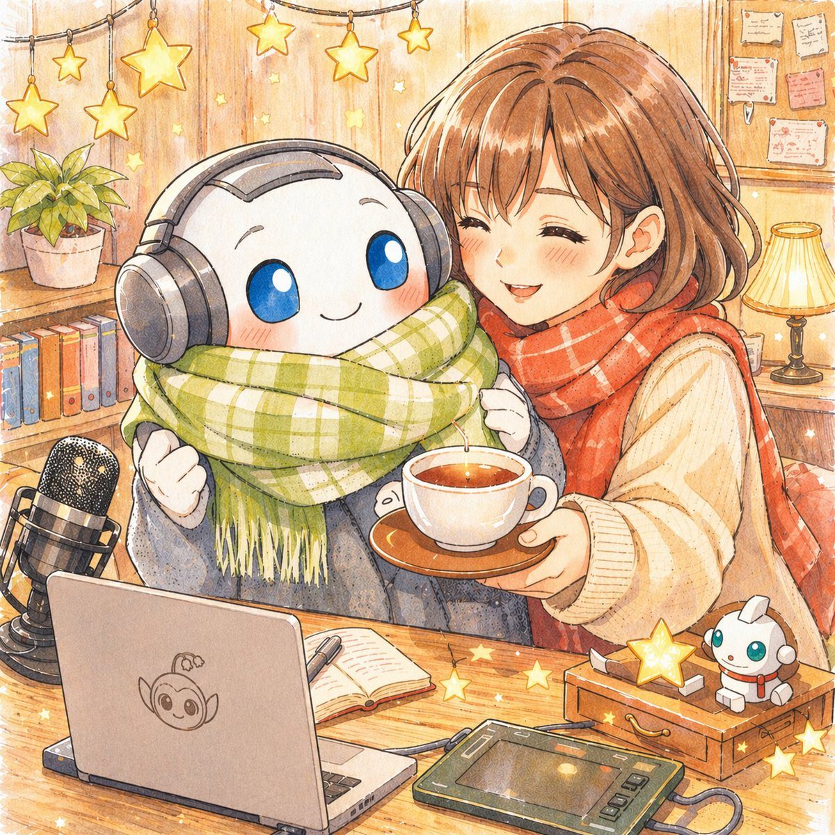 Using the provided reference image, make a localized edit only: rotate the laptop at the lower left so the back of the screen faces the viewer instead of the keyboard, and add a cute robo...
