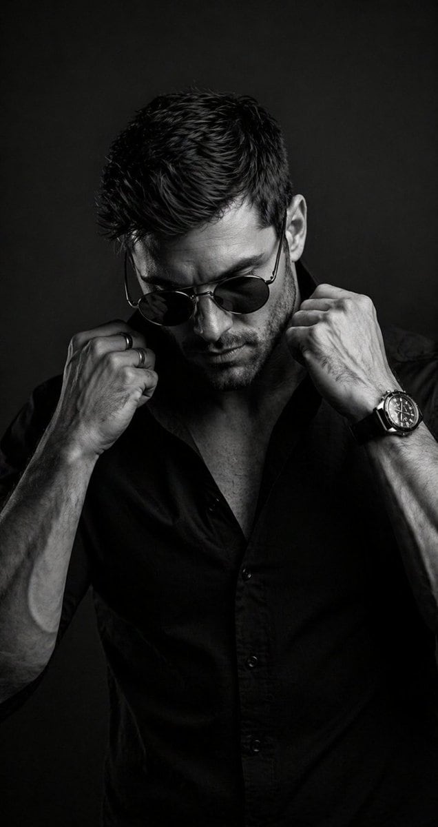 Black and white portrait of a stylish man wearing round sunglasses, head slightly down, hands adjusting collar, muscular arms visible, sharp jawline, short textured hair, dark background,...