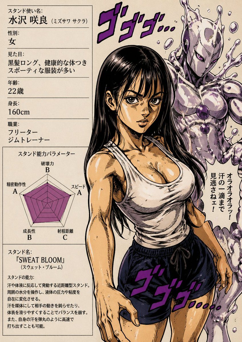 This prompt generates a dramatic manga-style character dossier page featuring a sporty female stand user, her liquid-themed stand, stat chart, and Japanese profile text for anime and comic concept art.