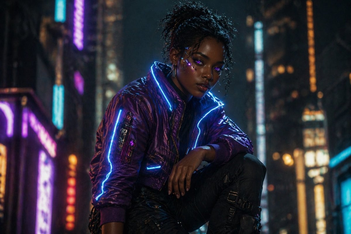 Cinematic Hollywood film still of a dark-skinned woman in a rainy neon cyberpunk city at night, framed as a medium full-body portrait with the subject crouching low in the street, one kne...