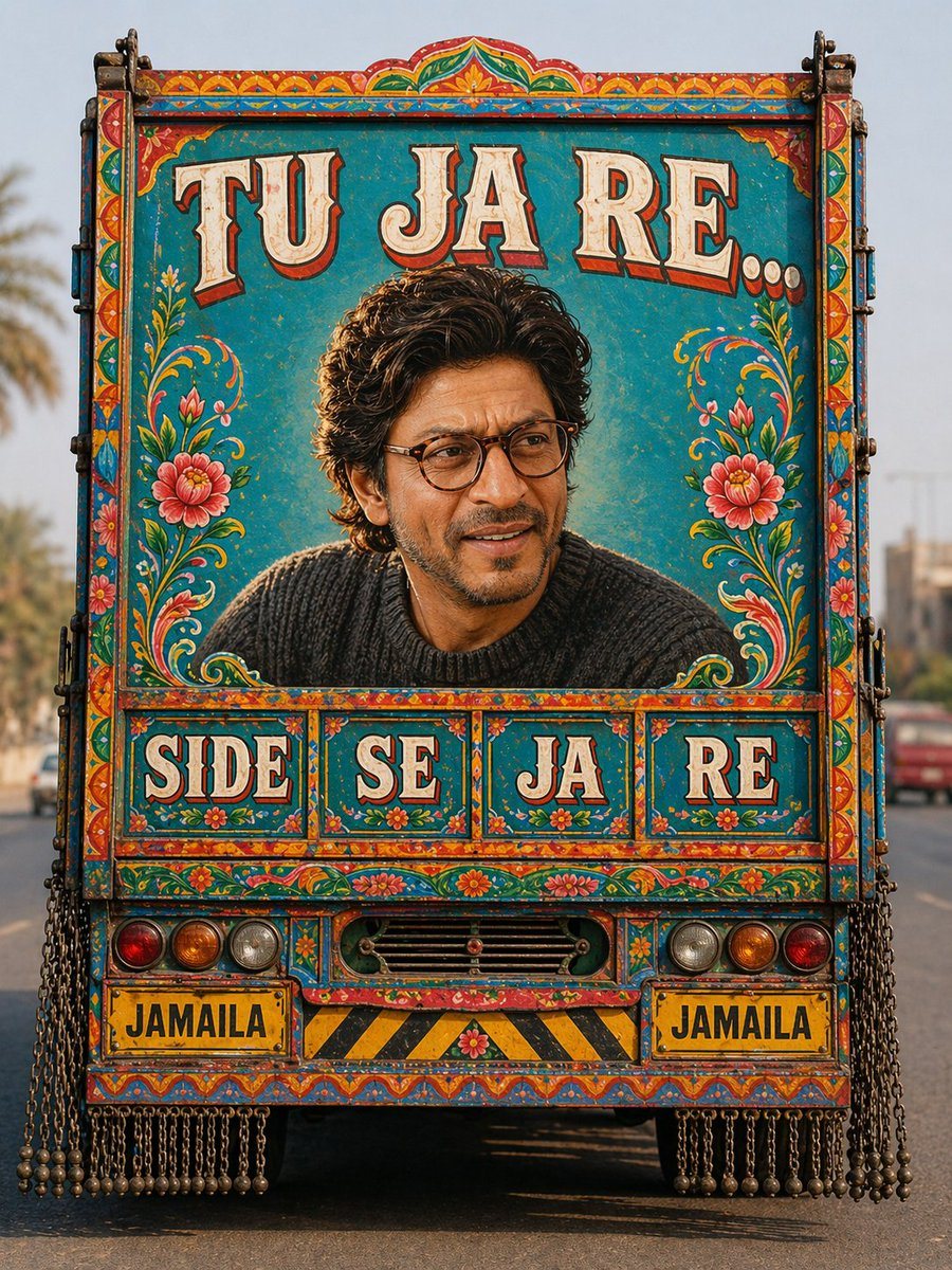 A highly detailed realistic photo of the back side of a Pakistani decorated truck on a highway road in daylight. The truck is painted in bright turquoise blue with traditional Pakistani t...