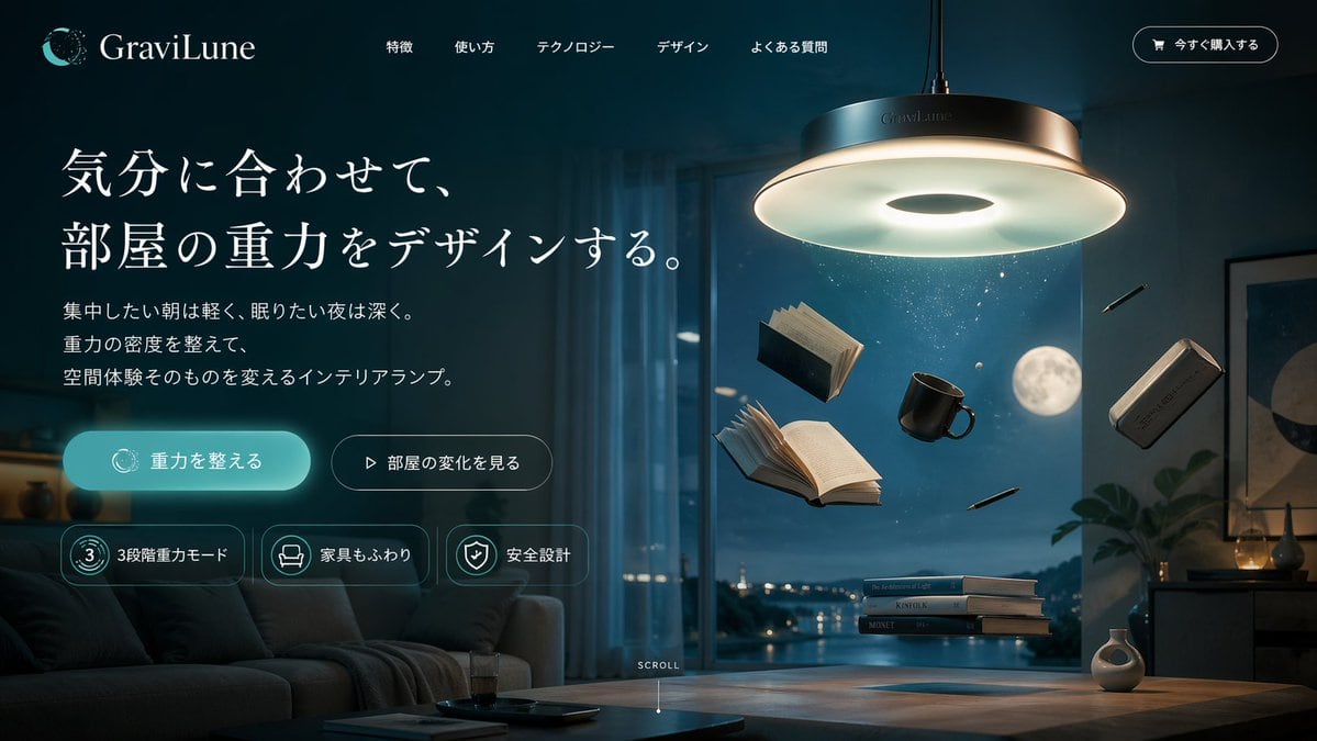 Generates a dark-themed website hero section for a fictional gravity-altering lamp, featuring UI elements and floating objects.