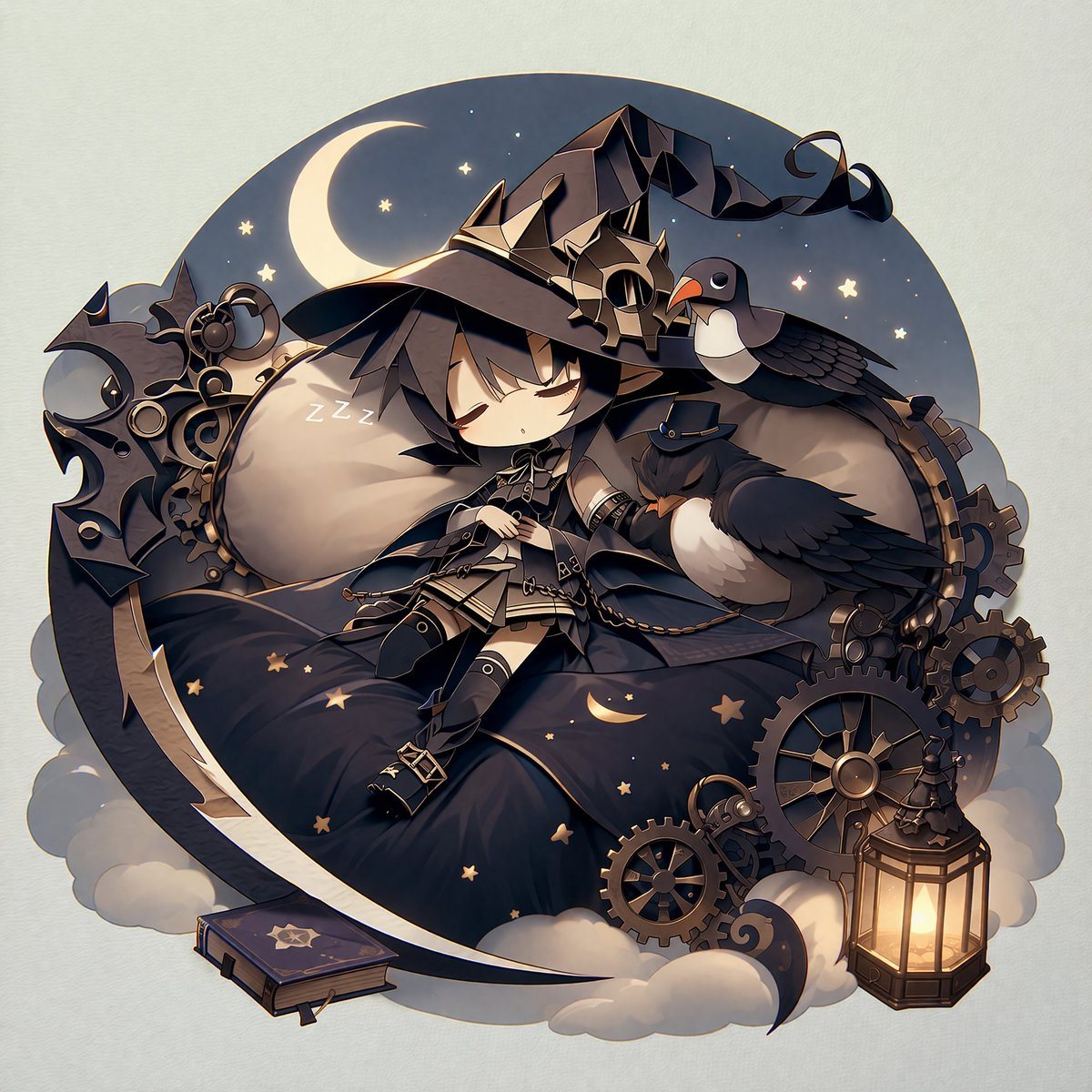 A 2D anime illustration of a sleeping chibi witch with black hair, wearing a large black hat decorated with metal gears and a dark outfit with belts. She rests on a soft, dark blue starry...