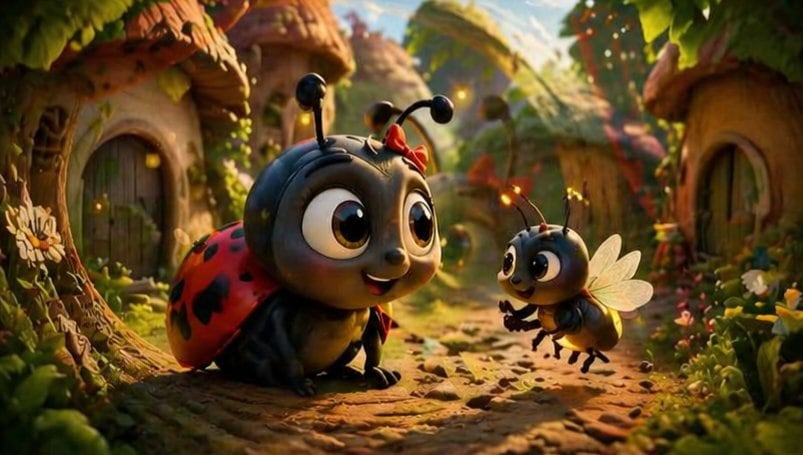 This prompt generates a cinematic 3D animated-style image of two cute insects meeting in an enchanted woodland village, ideal for storybook art or family-friendly fantasy illustrations.