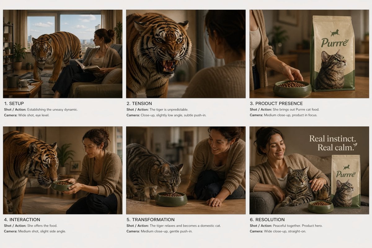 Create a cinematic commercial storyboard sheet.\n\nLAYOUT:\n- Fixed 6-panel grid (2x3), evenly spaced\n- Clean white or neutral background\n- Each panel clearly separated, no UI, no clutt...