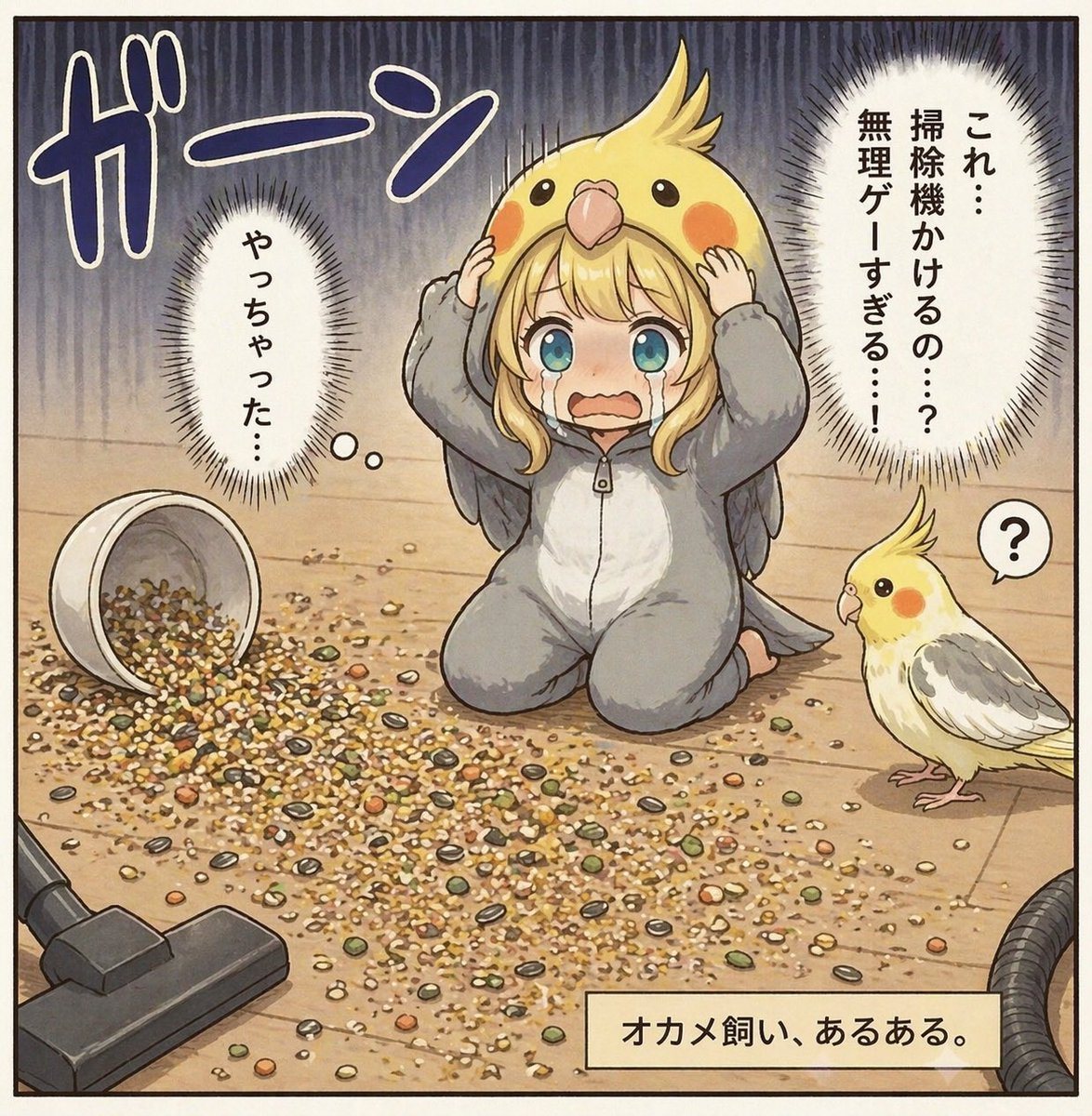 A single-panel Japanese comic-style illustration on a light wooden floor, drawn in a soft, detailed, slightly vintage manga-anime style with clean ink outlines and muted warm colors. In t...