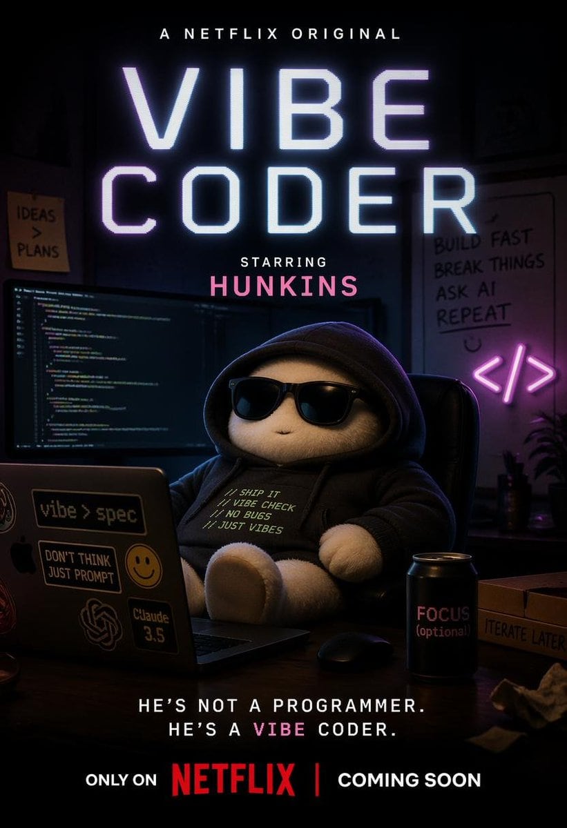 A cinematic parody streaming-poster in vertical 2:3 format, styled like a dark Netflix original teaser poster for a humorous AI programming drama. At the very top, small white text reads...