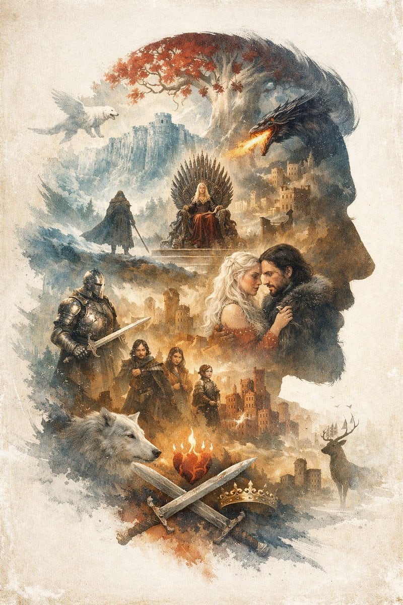 An epic fantasy illustration utilizing a watercolor and ink wash double exposure technique on a vintage parchment background. The overall composition forms the right-facing profile of a m...