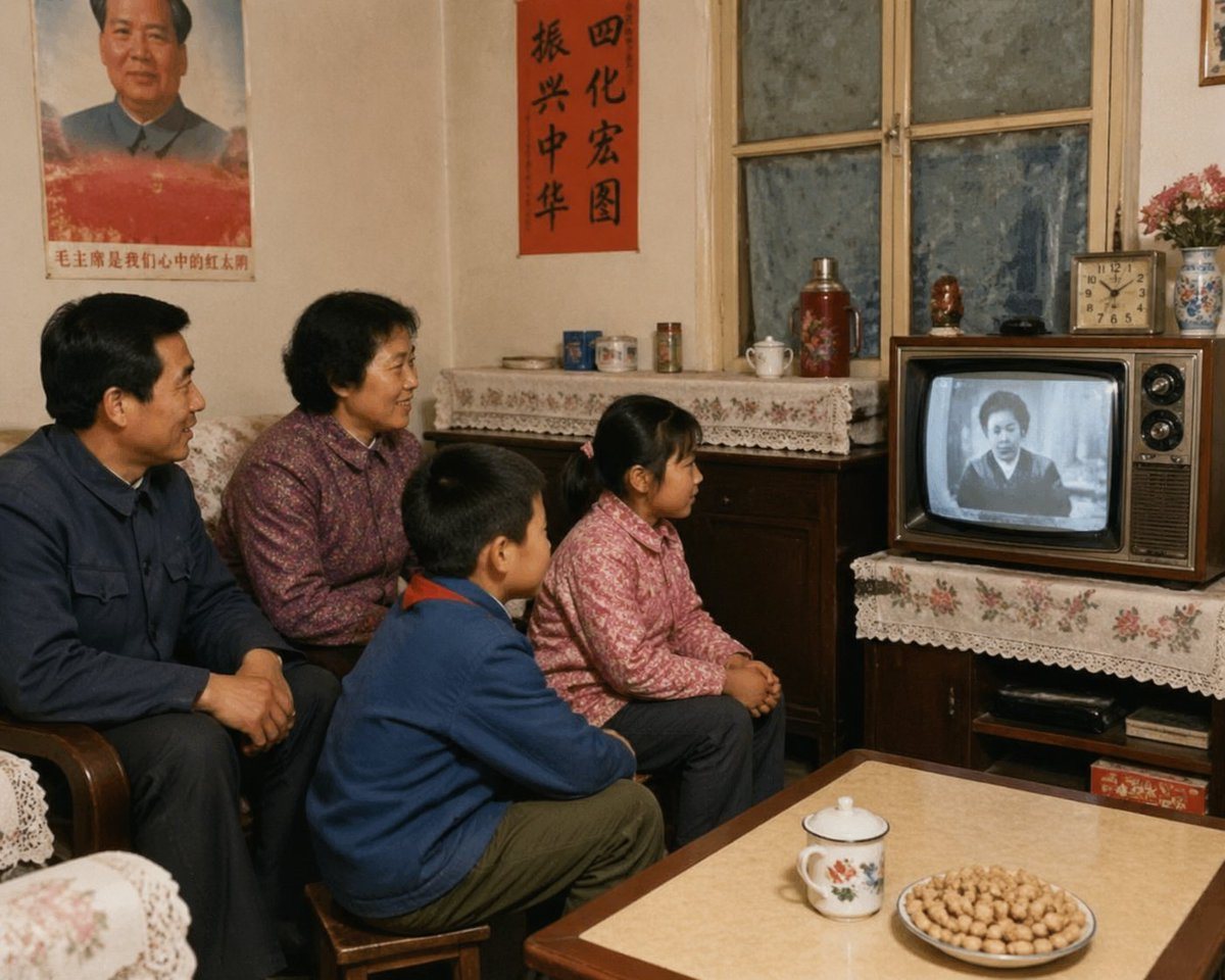 此提示词可生成一张写实的怀旧场景图,描绘了 20 世纪 80 年代中国四口之家在家中观看老式电视的画面,非常适合用于复古文化和生活方式的影像创作。